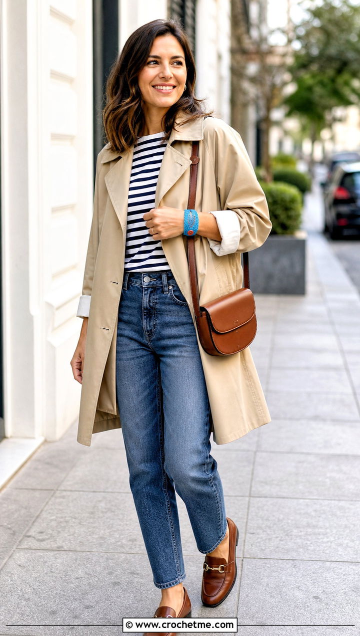 Button Closure Crochet Wrap Bracelet With Trench Coat and Jeans - 35 crochet wrap bracelet outfit ideas