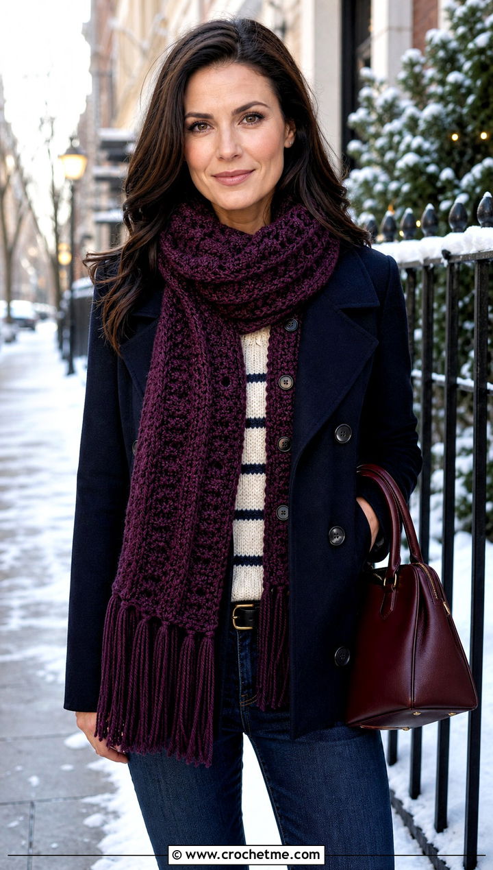 Button Closure Winter Wishes Crochet Scarf With Peacoat And Jeans - 15 Winter Wishes Crochet Scarf outfit ideas