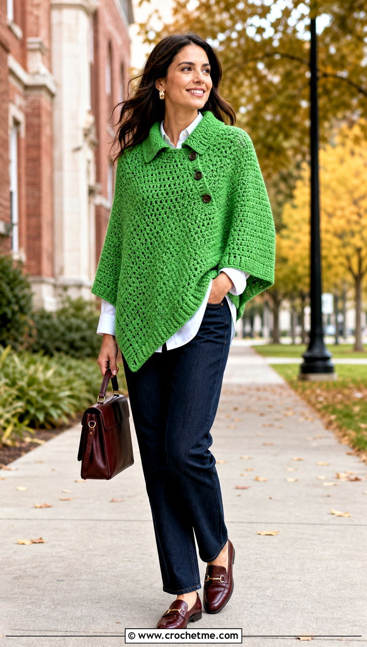Button Collar Crochet Poncho With White Shirt And Jeans - 25 Crochet Poncho With Collar outfit ideas