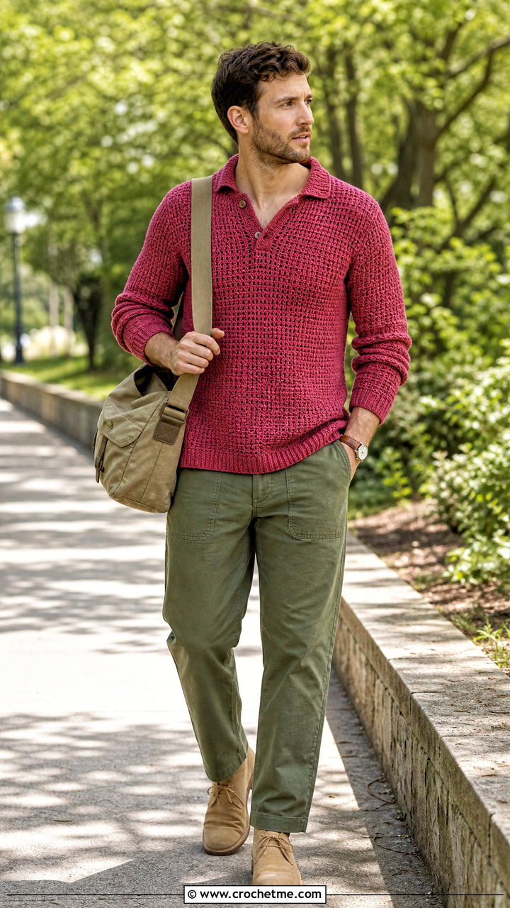Button Collar Crochet Sweater With Fatigue Pants - 35 crochet sweater for men outfit ideas