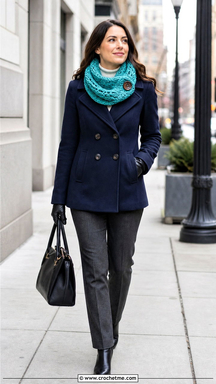 Button Cowl Crochet Scarf With Peacoat and Ankle Boots - 35 easy one skein crochet scarf outfit ideas