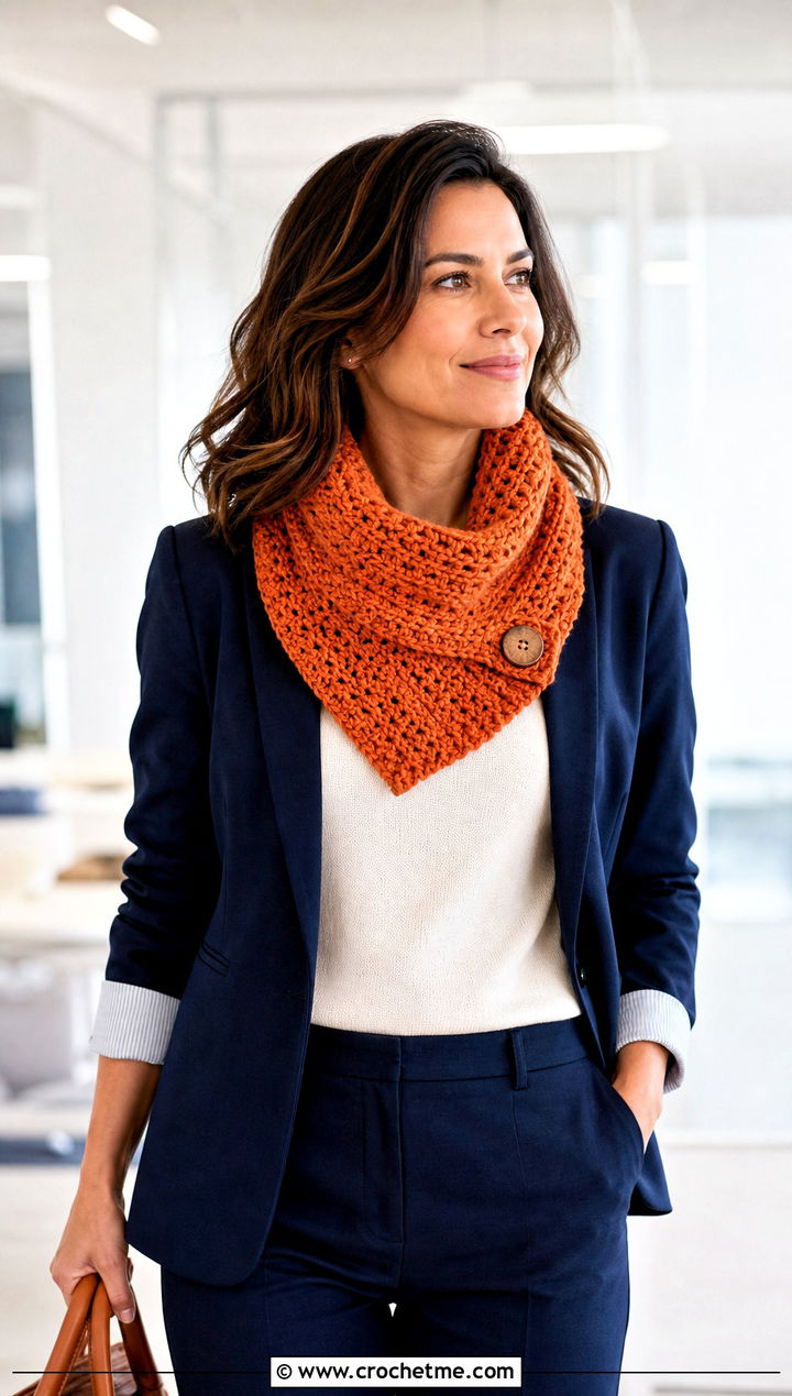 Button Crochet Cowl With Blazer - 20 Simple Crochet Cowl outfit ideas