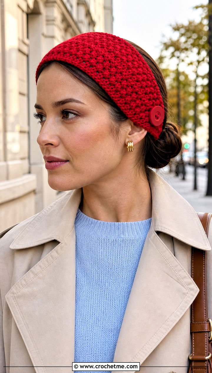 Button Crochet Makeup Headband With Trench Coat And Tailored Pants - 25 Crochet Makeup Headband outfit ideas