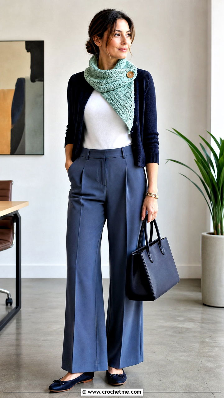 Button Crochet Scarf With Cardigan And Trousers - 35 easy crochet scarves outfit ideas