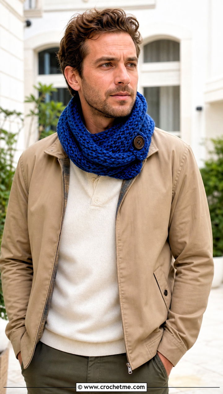 Button Crochet Scarf With Harrington Jacket - 30 crochet scarf ideas for men