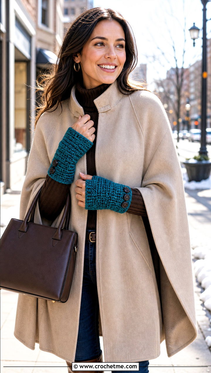Button Cuff Crochet Fingerless Gloves With Cape Coat - 25 finger less crochet gloves outfit ideas