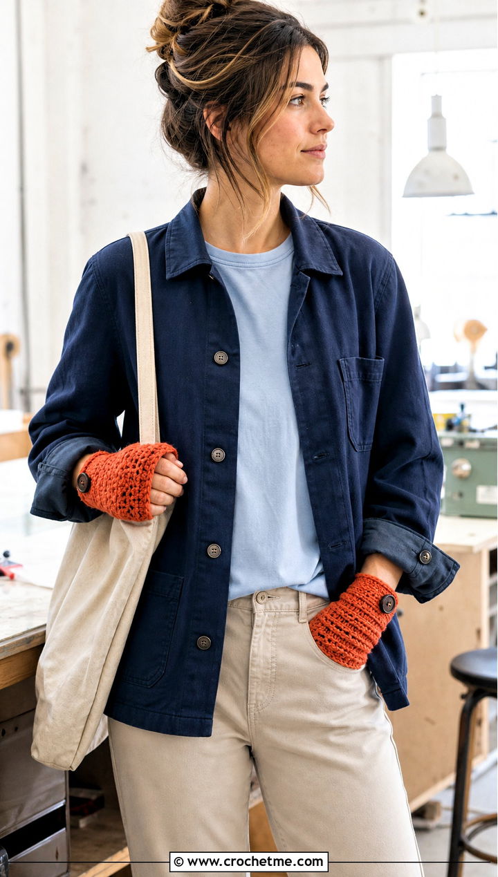 Button Cuff Crochet Fingerless Gloves With Chore Jacket And Chinos - 25 Simple Crochet Fingerless Gloves outfit ideas