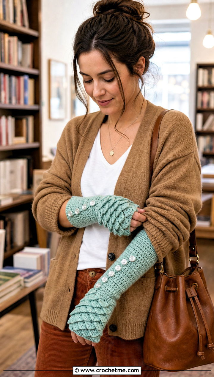 Button Cuff Dragon Scale Gloves With Cardigan - 30 dragon scale crochet gloves outfit ideas