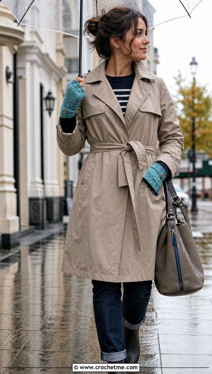 Button Cuff Fingerless Gloves With Raincoat - 25 Diy Crochet Fingerless Gloves outfit ideas