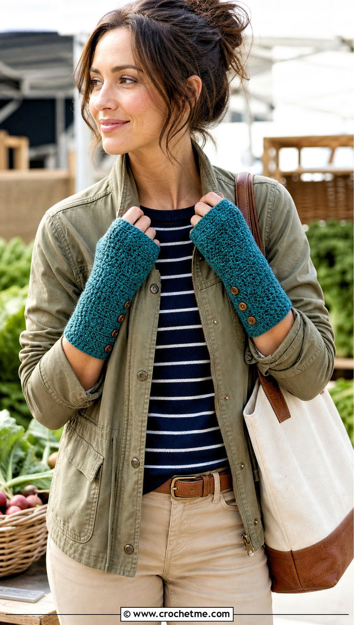 Button Cuff Fingerless Gloves With Utility Jacket And Chinos - 30 crocheted fingerless gloves outfit ideas