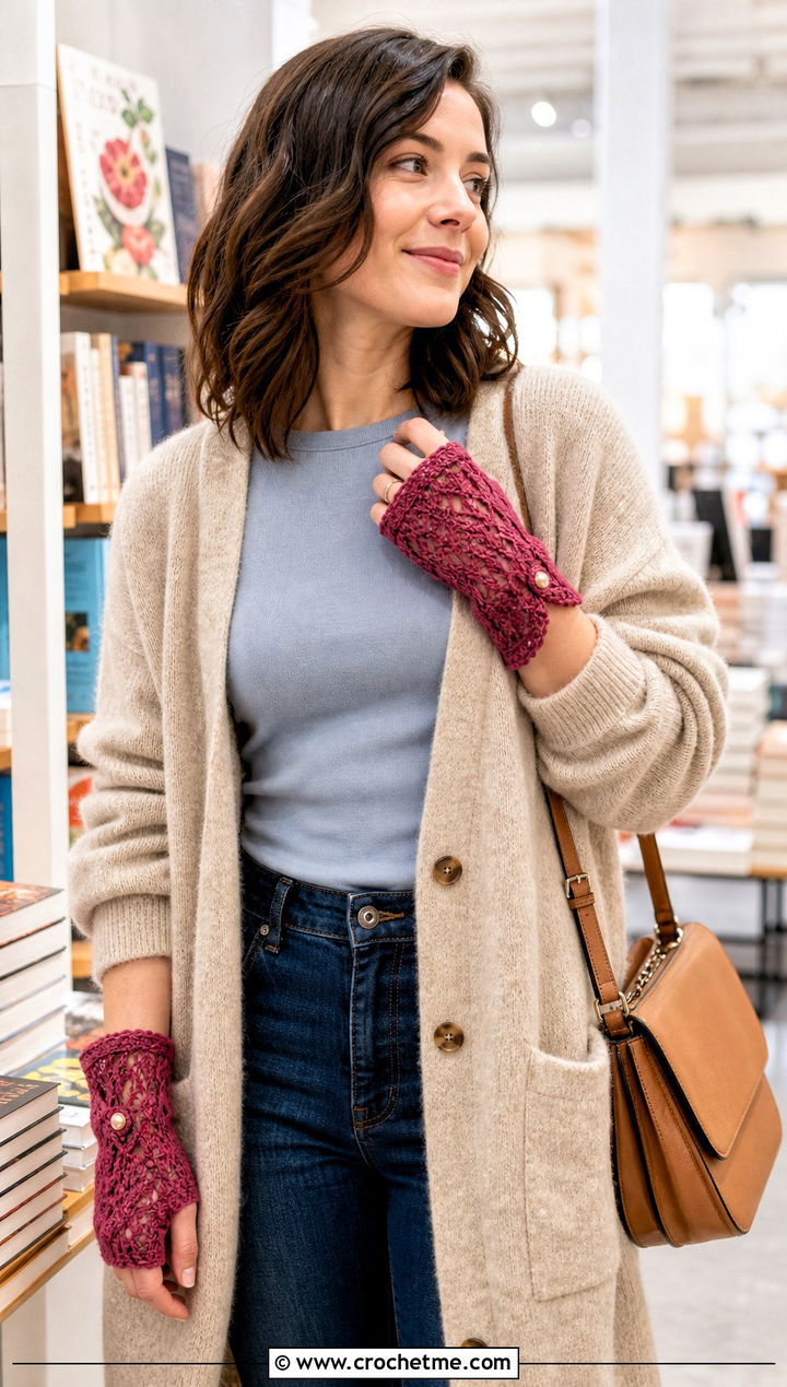 Button Cuff Lace Crochet Fingerless Gloves With Cardigan And Jeans - 25 Lace Crochet Fingerless Gloves outfit ideas