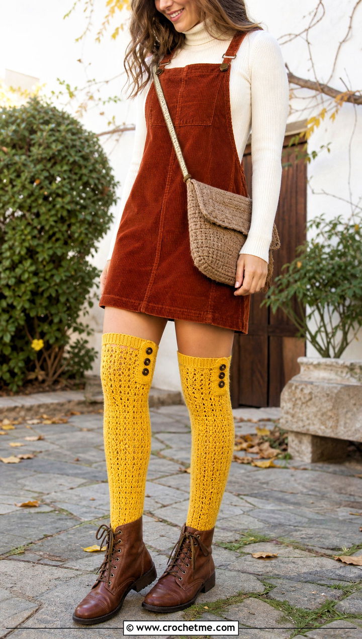 Button Cuff Thigh High Crochet Socks With Corduroy Dress - 35 thigh high crochet socks outfit ideas
