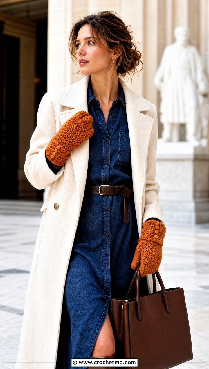 Button Cuff Velvet Crochet Mittens With Shirt Dress - 20 velvet crochet mittens outfit ideas