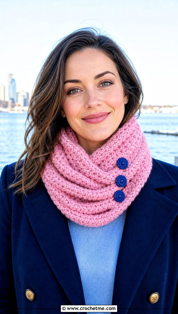 Button Detail Infinity Scarf With Peacoat - 30 easy crochet infinity scarf outfit ideas