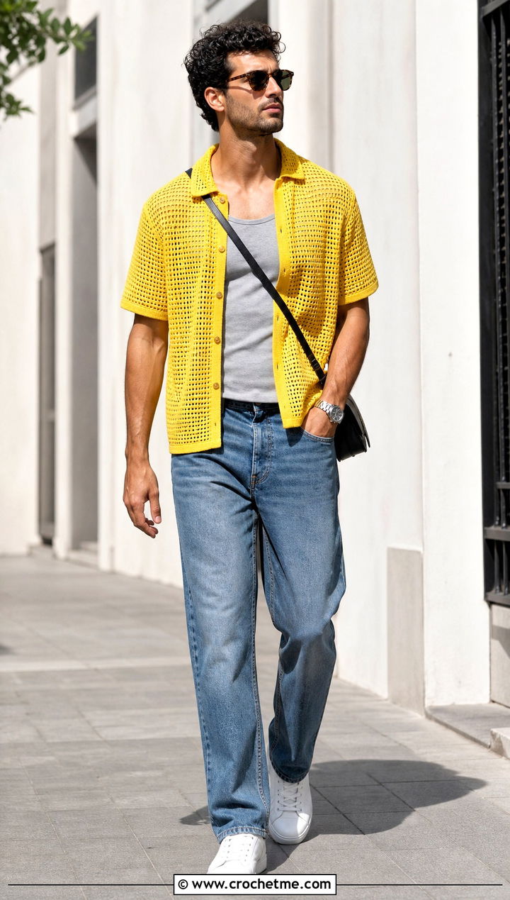 Button Down Crochet Mesh Shirt With Straight Leg Jeans - 25 Men Crochet Mesh Shirt outfit ideas