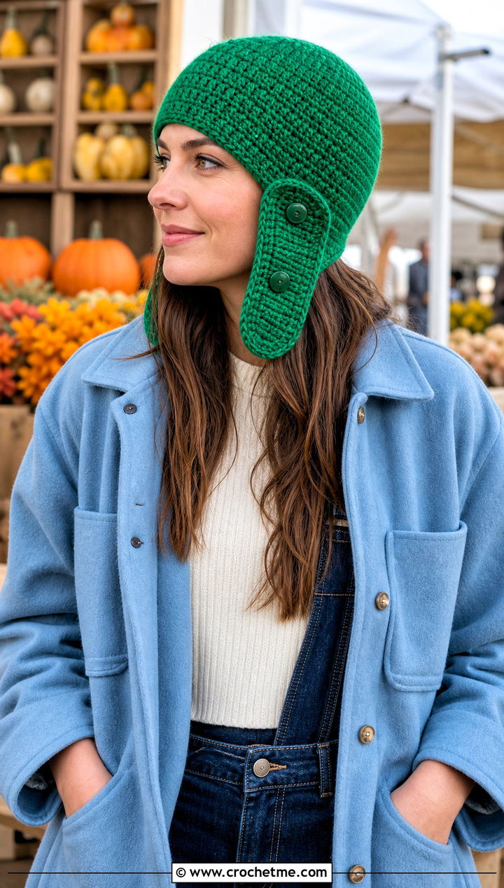 Button Fastening Crochet Aviator Hat With Shacket - 30 crochet aviator hat outfit ideas