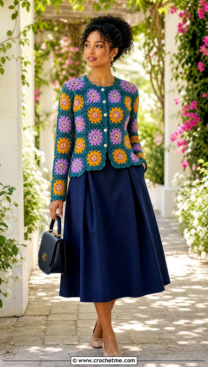 Button Front African Flower Crochet Cardigan With A Line Midi Skirt - 30 african flower crochet cardigan outfit ideas