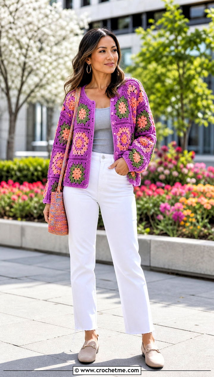 Button Front African Flower Granny Square Cardigan With White Jeans - 30 african flower granny square cardigan outfit ideas