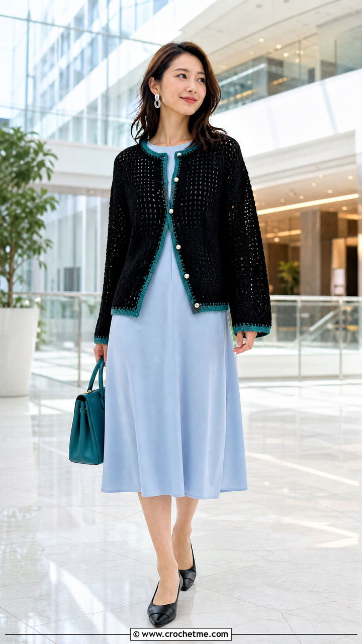 Button Front Black Crochet Sweater With Midi Dress - 35 black crochet sweater outfit ideas