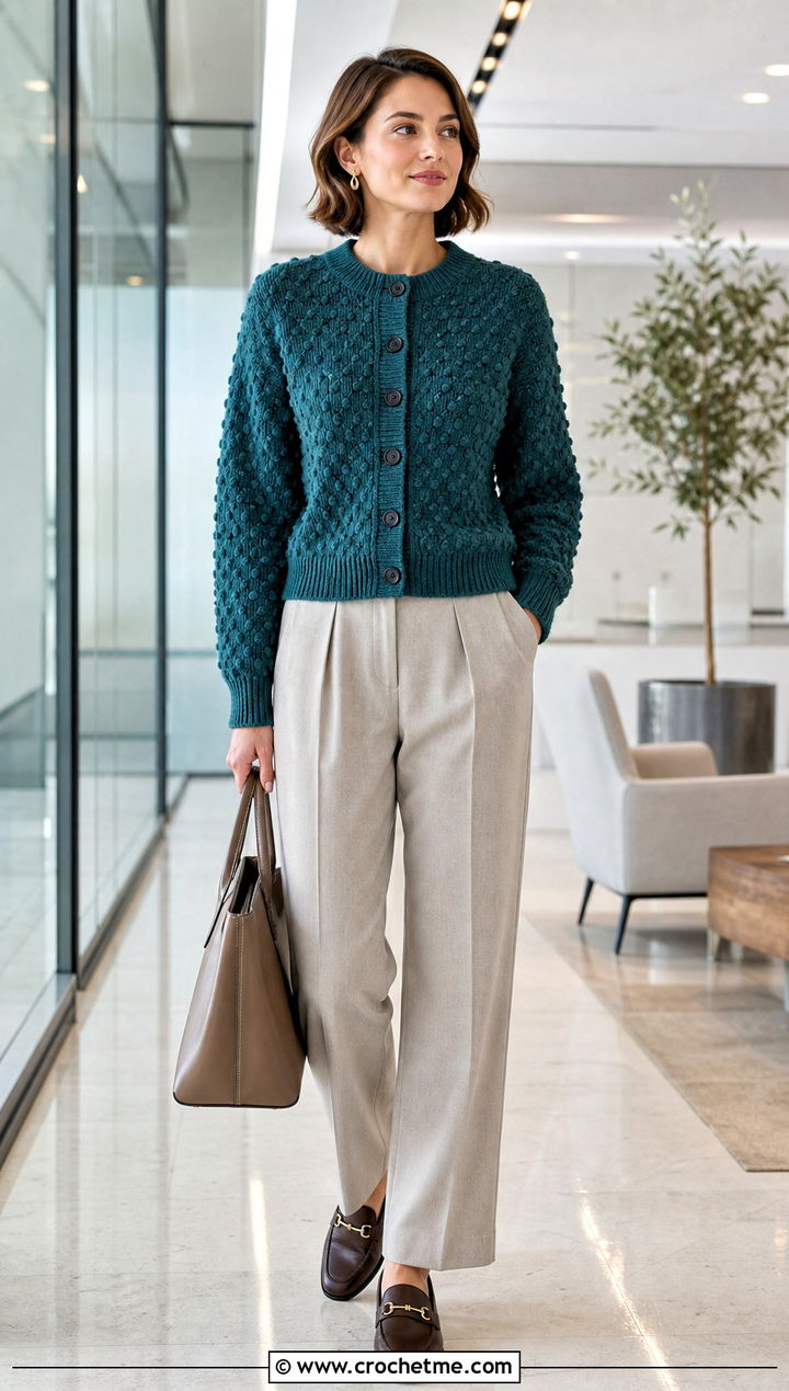 Button Front Bubble Cardigan With Tailored Trousers - 15 Crochet Bubble Cardigan outfit ideas