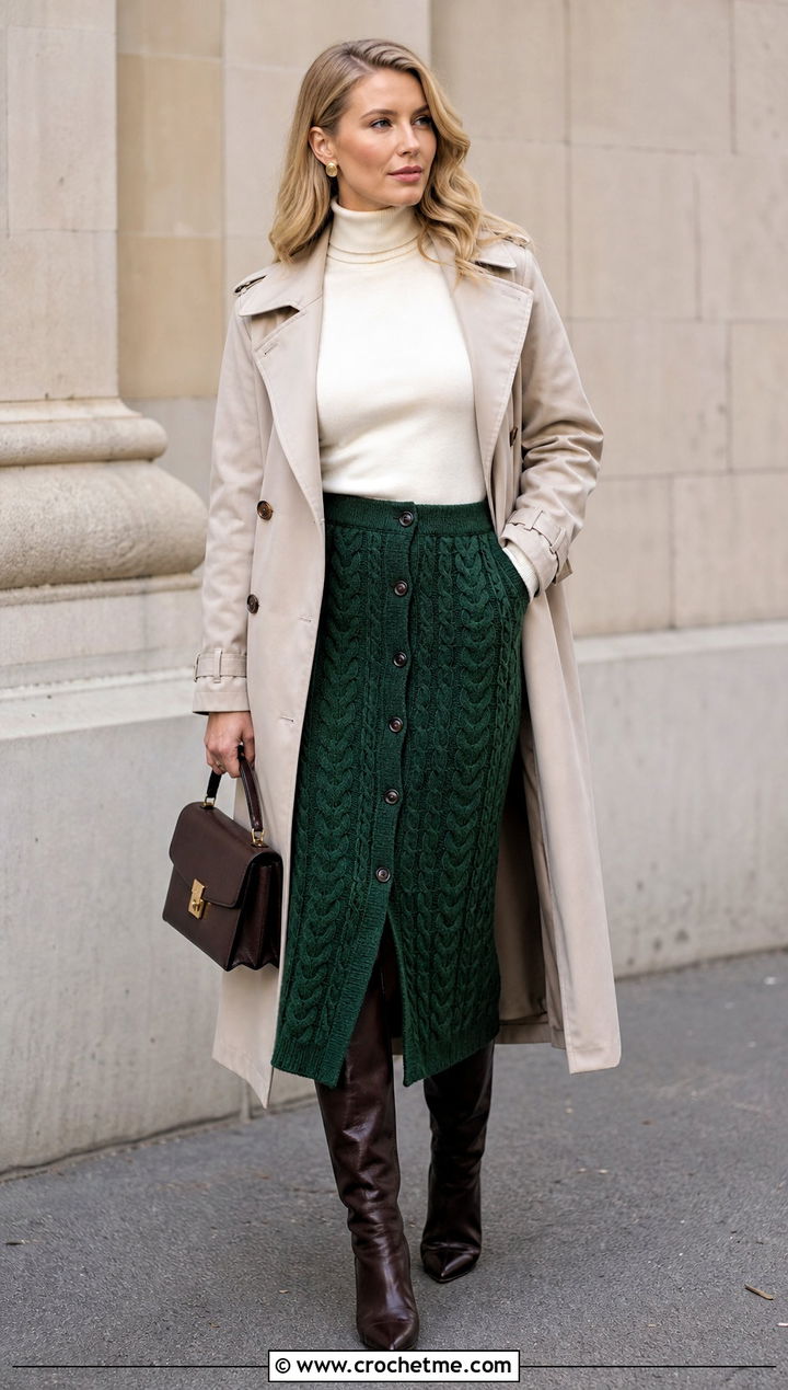 Button Front Cable Midi Skirt With Turtleneck And Trench Coat - 15 crochet cable skirt outfit ideas
