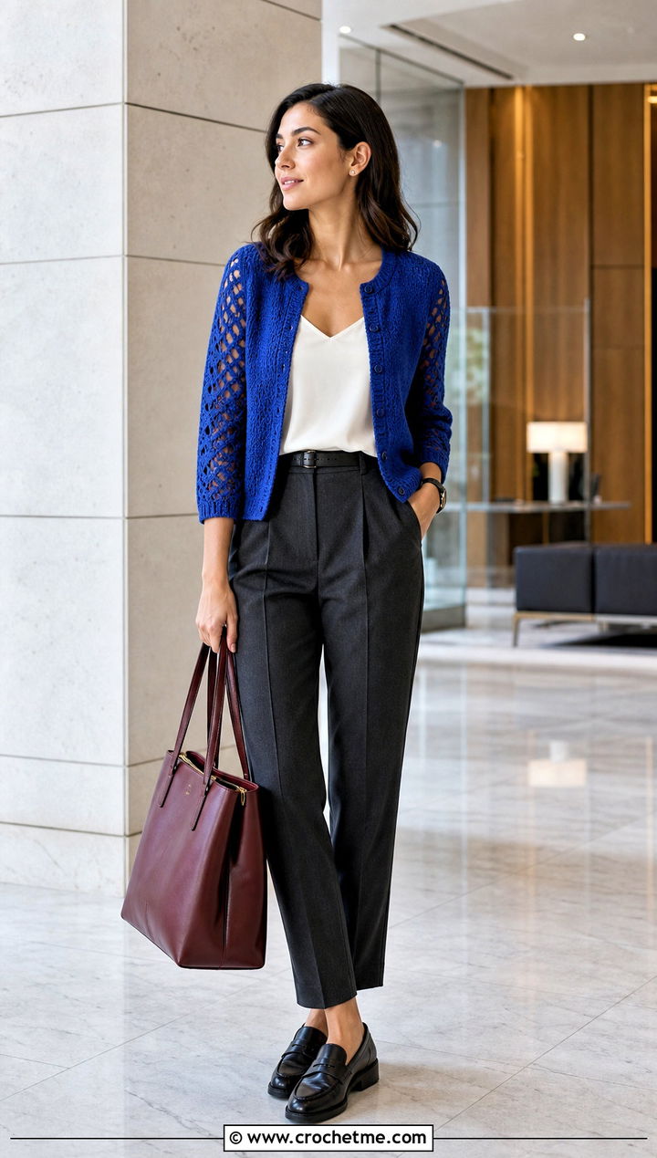 Button Front Cardigan With Shell Lace Sleeves And Tailored Trousers - 15 crochet cardigan with lace sleeves outfit ideas