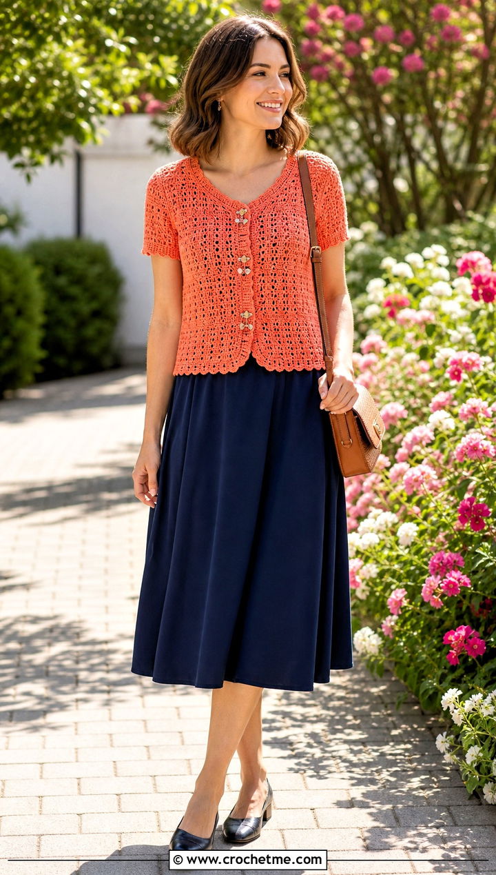 Button Front Charm Crochet Top With A Line Skirt - 25 crochet top with charms outfit ideas