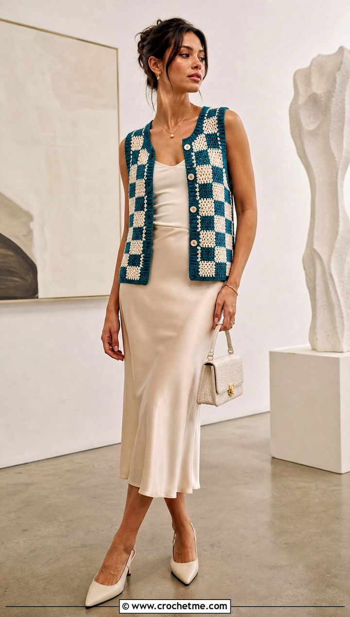 Button Front Checkered Crochet Vest With Satin Midi Skirt - 30 checkered crochet vest outfit ideas