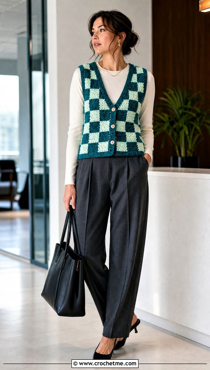 Button Front Checkered Crochet Vest With Tailored Trousers - 15 Crochet Checkered Vest outfit ideas
