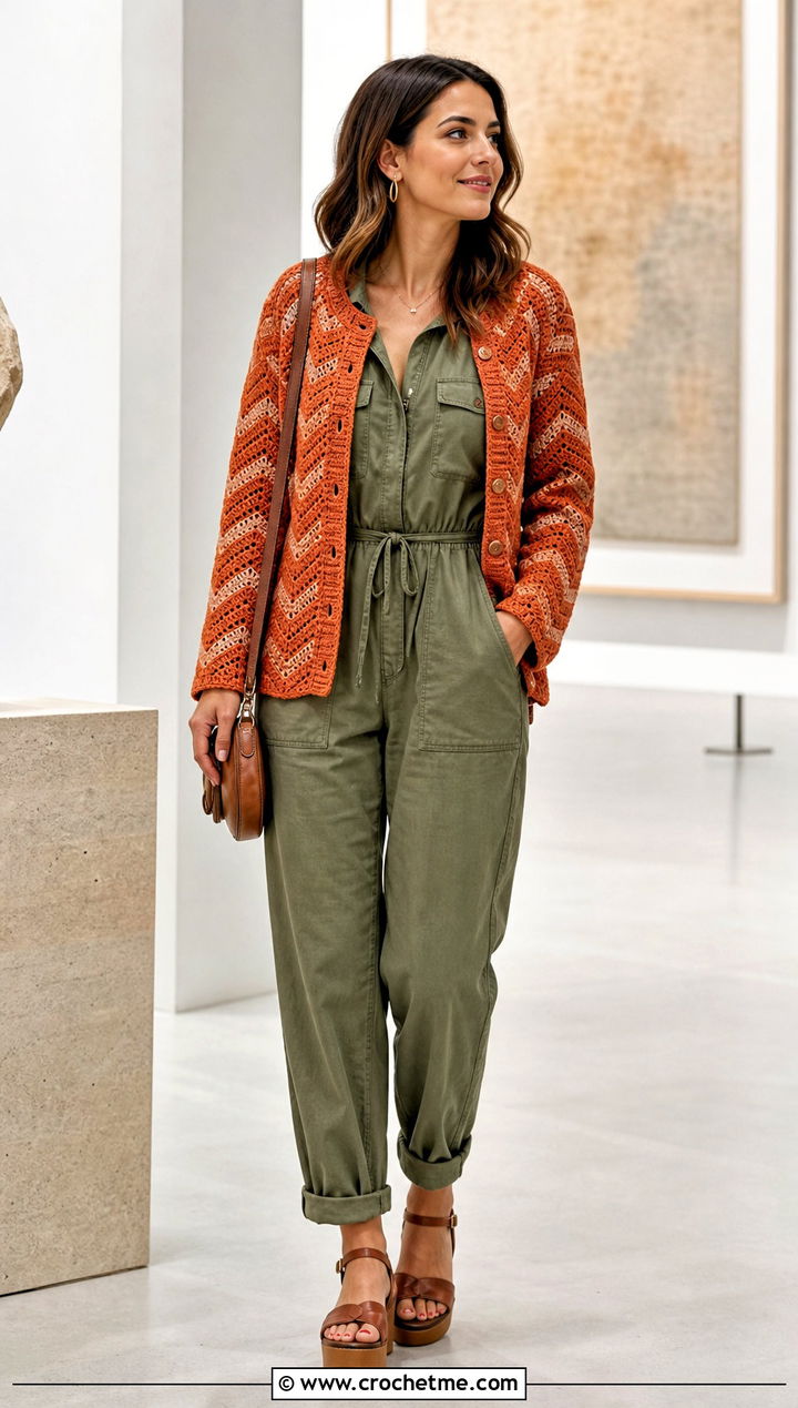 Button Front Chevron Crochet Sweater With Utility Jumpsuit - 20 Chevron Crochet Sweater outfit ideas