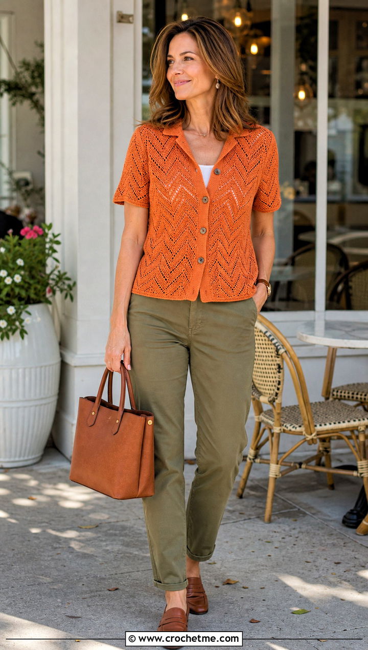 Button Front Chevron Crochet Top With Chinos - 30 crochet chevron top outfit ideas