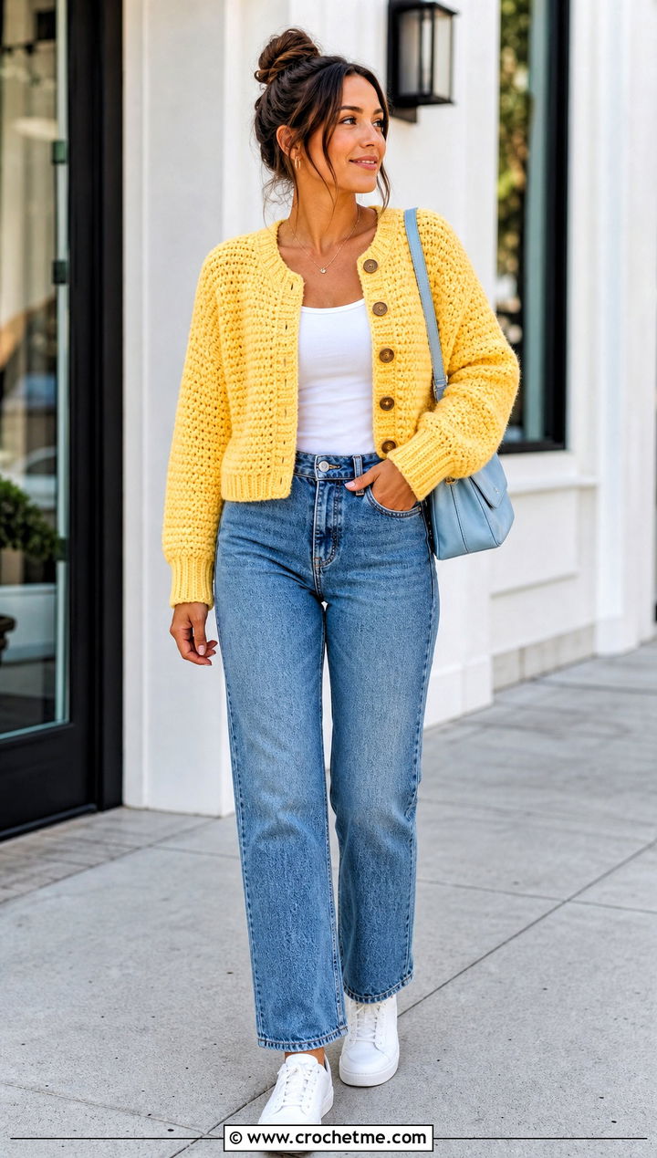 Button Front Chunky Crochet Crop Cardigan With Straight Leg Jeans - 25 Chunky Crochet Crop Cardigan outfit ideas