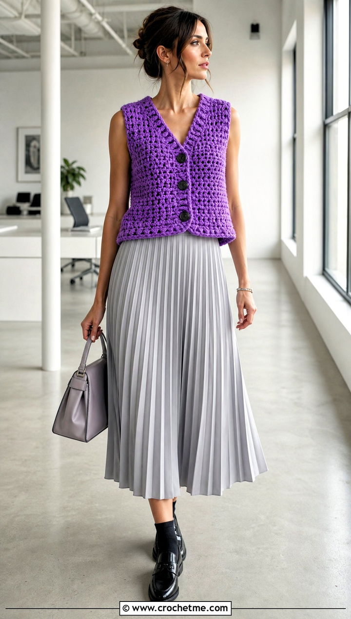 Button Front Chunky Crochet Vest With Midi Skirt And Loafers - 25 Chunky Crochet Vest outfit ideas