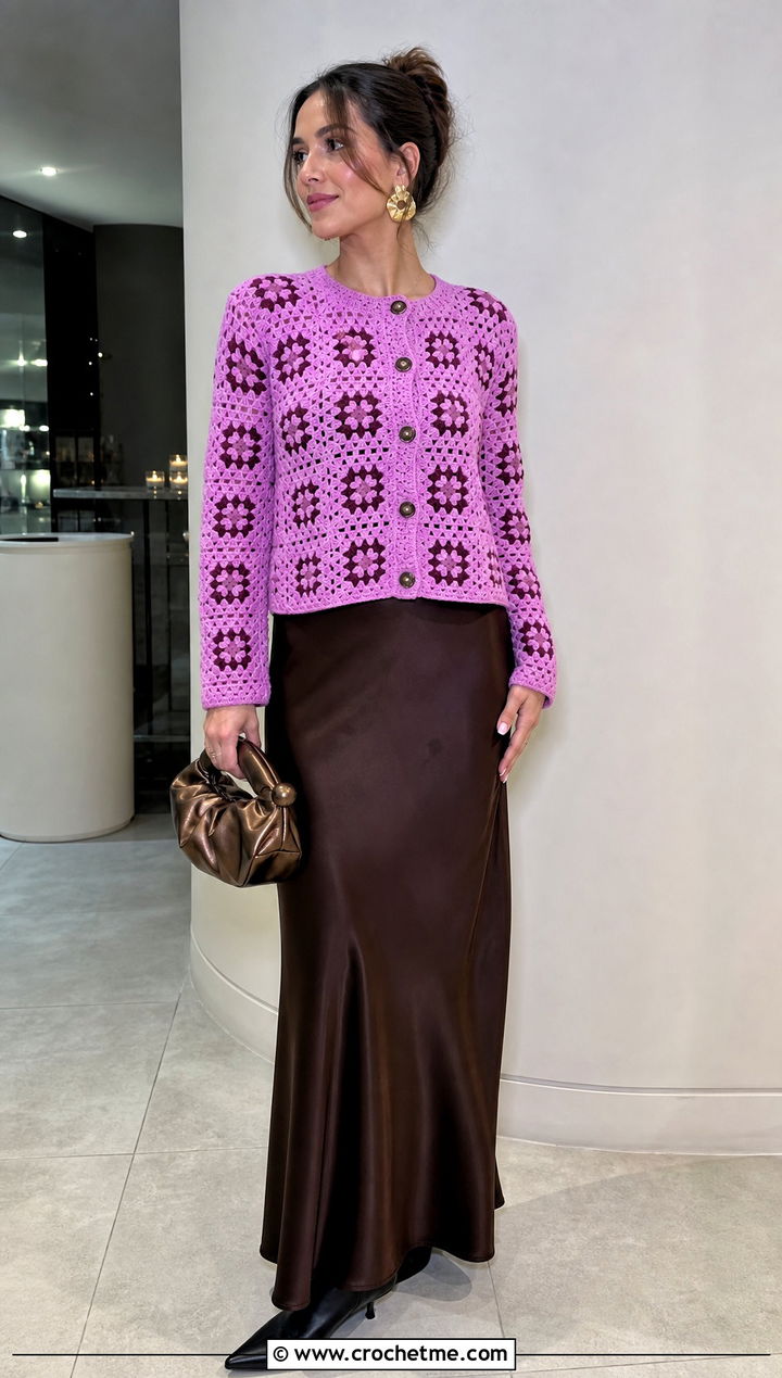 Button Front Continuous Granny Square Cardigan With A Satin Maxi Skirt - 25 continuous granny square cardigan outfit ideas