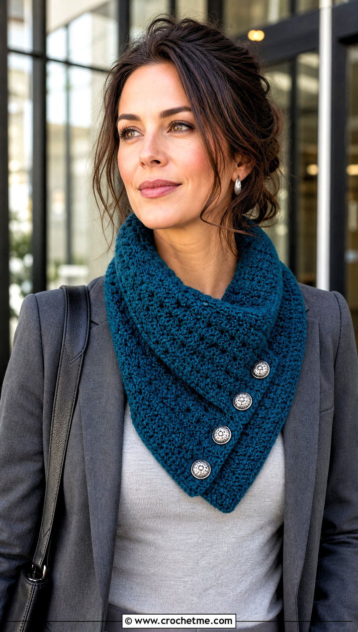 Button Front Cowl With Blazer And Trousers - 15 Cowls To Crochet outfit ideas