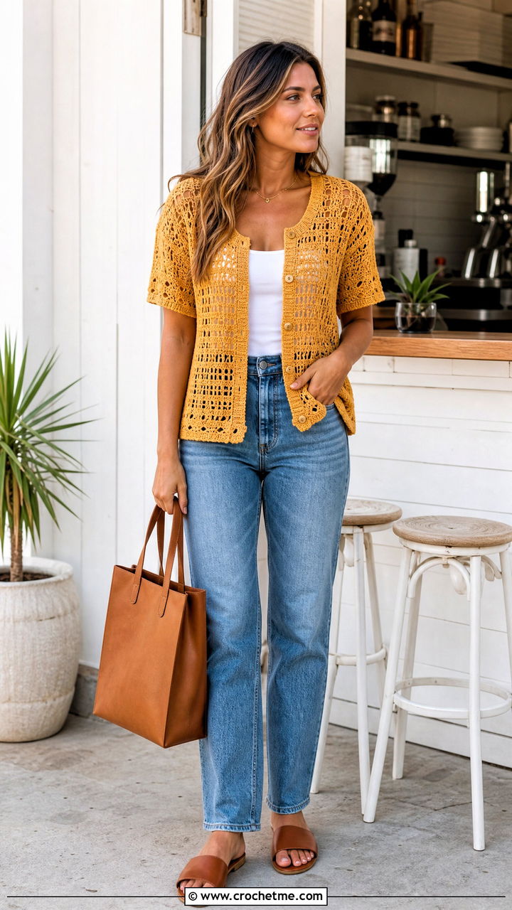 Button Front Crochet Beach Top With Straight Jeans - 35 crochet beach top outfit ideas
