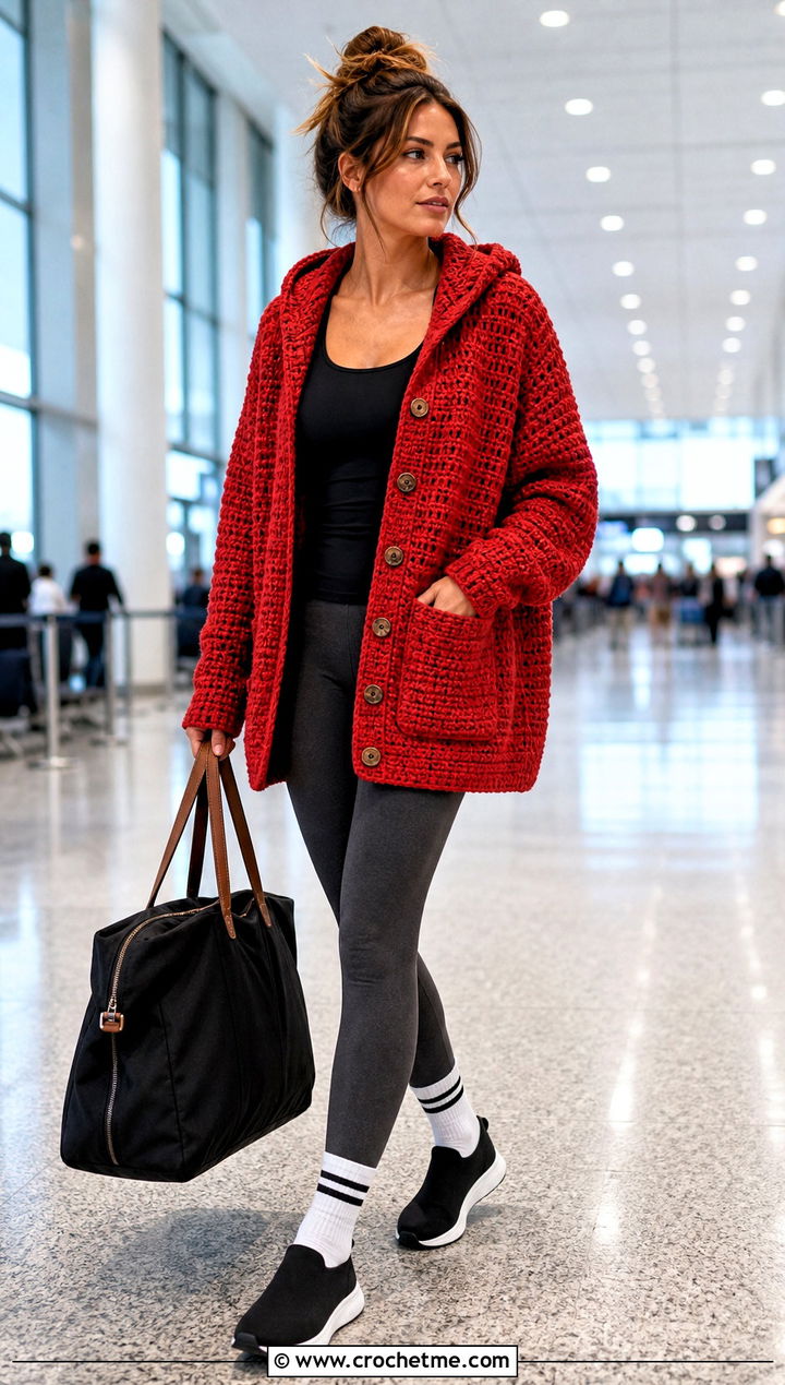 Button Front Crochet Blanket Hoodie With Airport Leggings - 30 crochet blanket hoodie outfit ideas