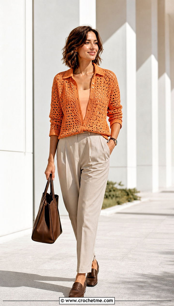 Button Front Crochet Blouse With Pleated Pants - 15 Beginner Crochet Blouse outfit ideas