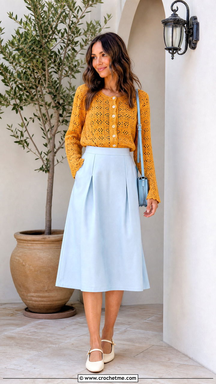 Button Front Crochet Boho Cardigan With A Line Midi Skirt - 35 crochet boho cardigan outfit ideas