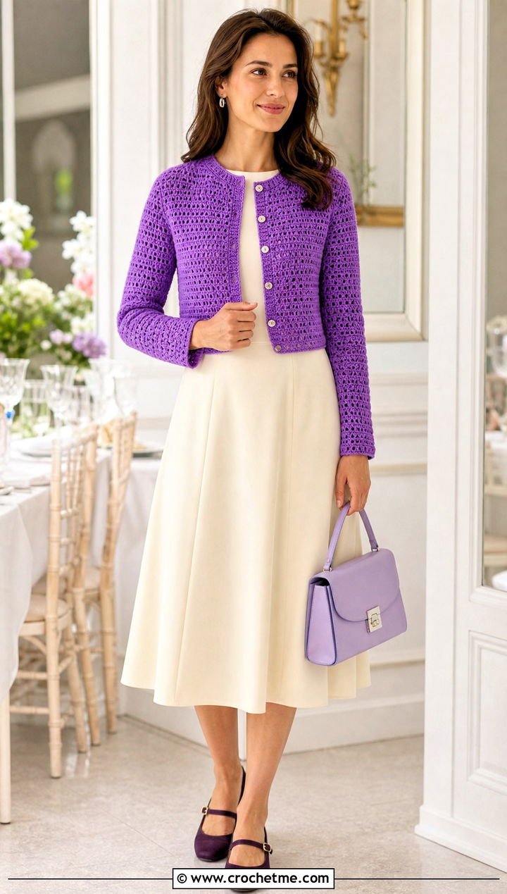 Button Front Crochet Bolero With A Line Dress - 20 Crochet Bolero Sweater outfit ideas
