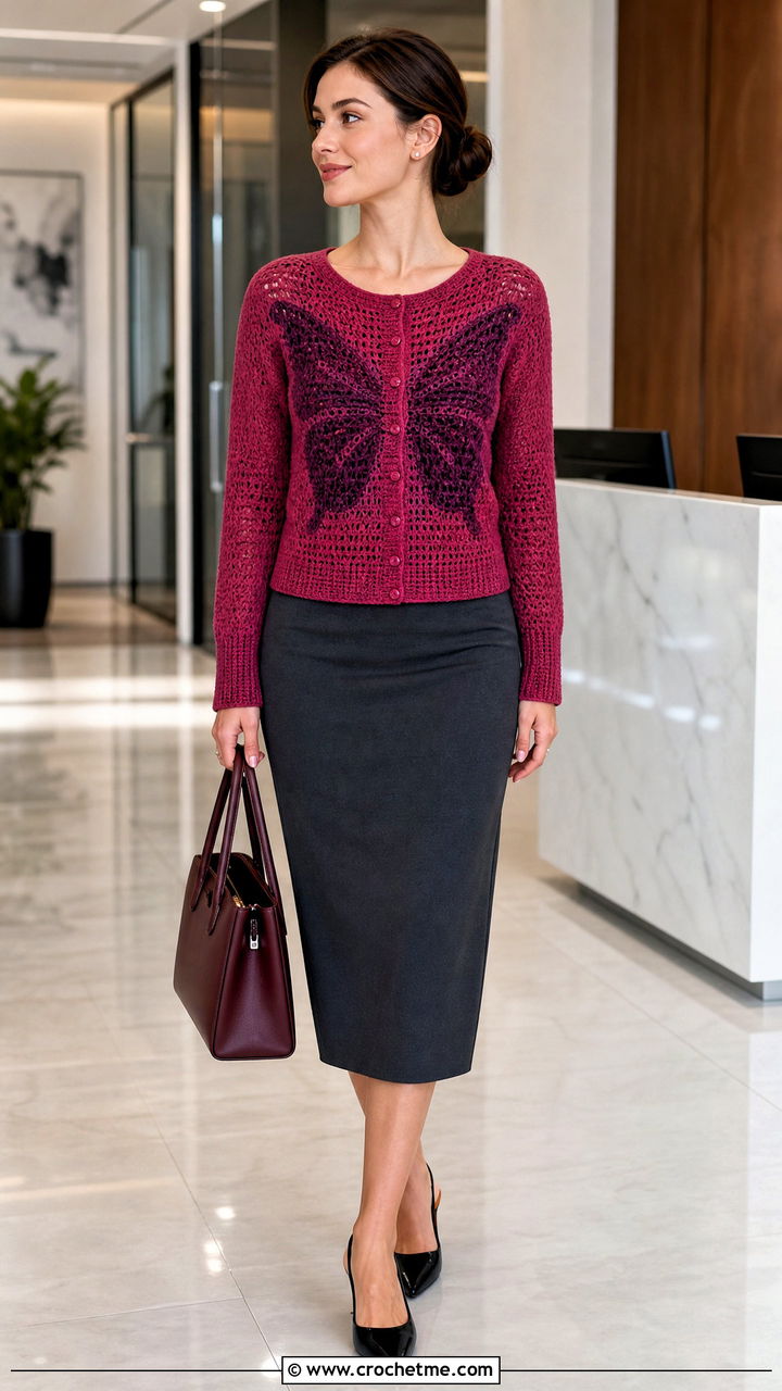 Button Front Crochet Butterfly Cardigan With Pencil Skirt - 35 crochet butterfly cardigan outfit ideas