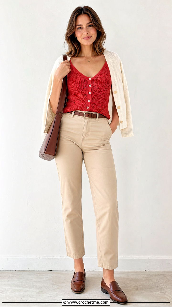 Button Front Crochet Camisole With Chinos - 35 crochet camisole outfit ideas