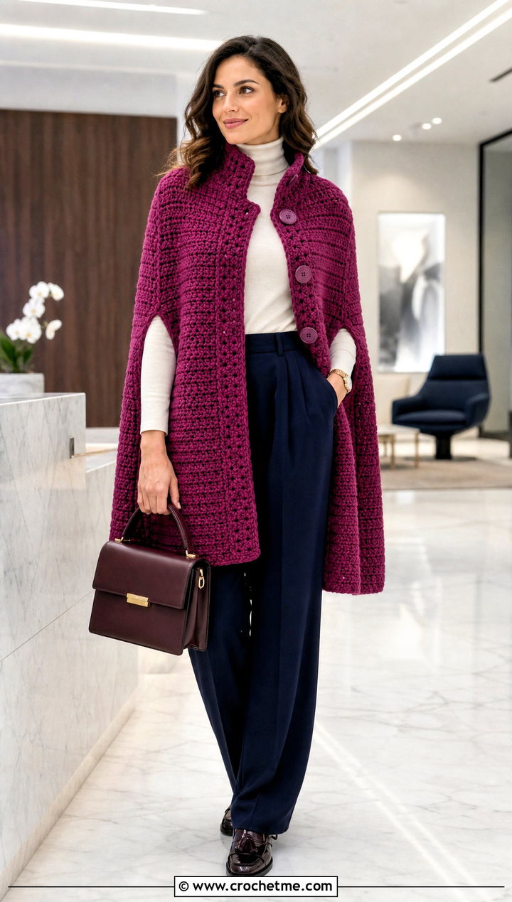 Button Front Crochet Cape Coat With Pleated Trousers - 15 Crochet Cape Coat outfit ideas