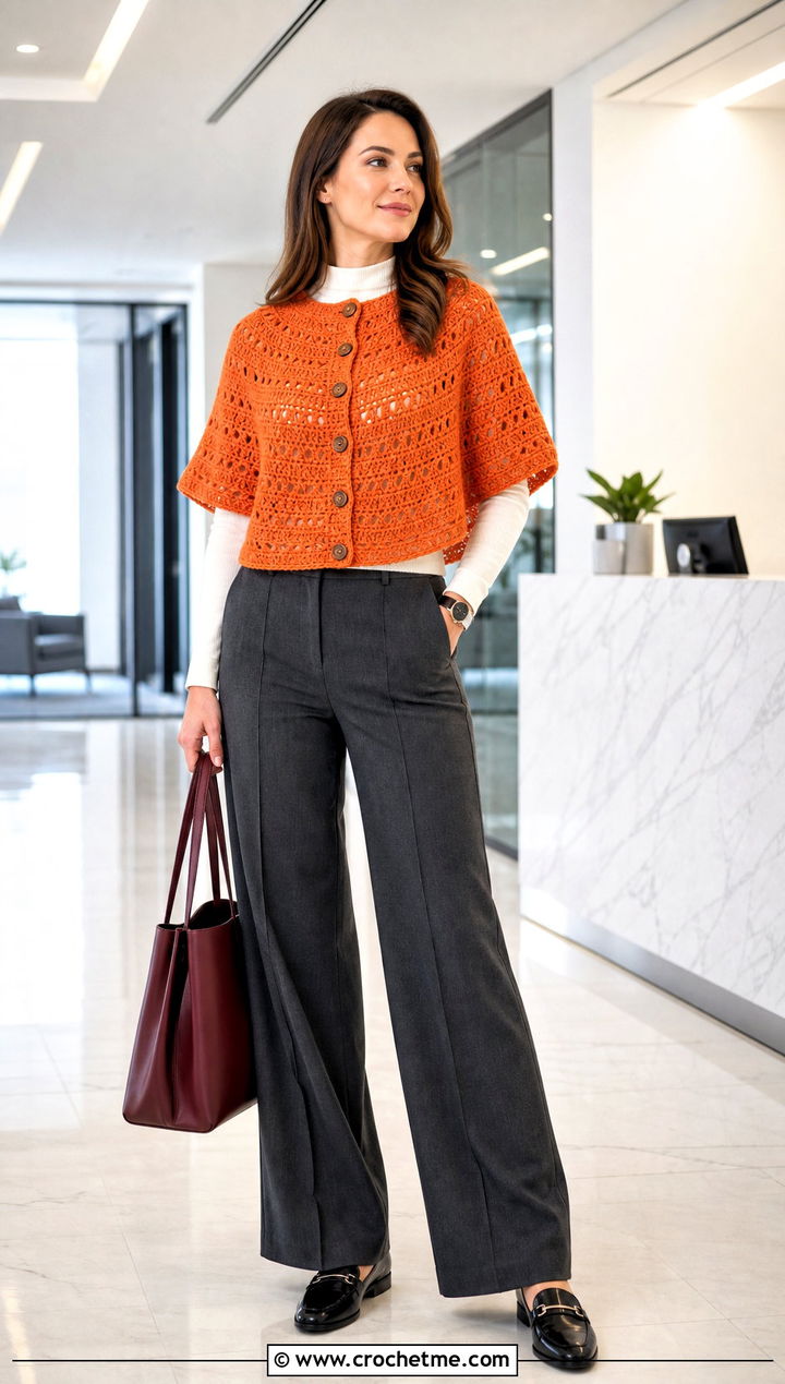 Button Front Crochet Capelet Shawl With Wide Leg Trousers - 30 crochet caplet shawl outfit ideas