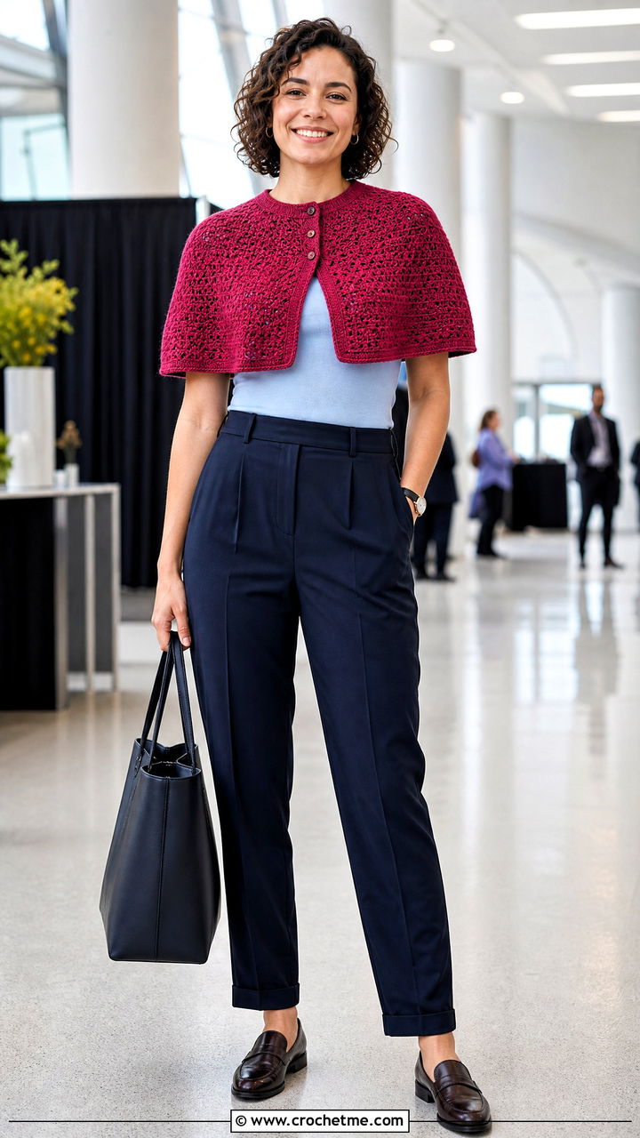 Button Front Crochet Capelet With Pleated Trousers - 35 crochet capelet outfit ideas