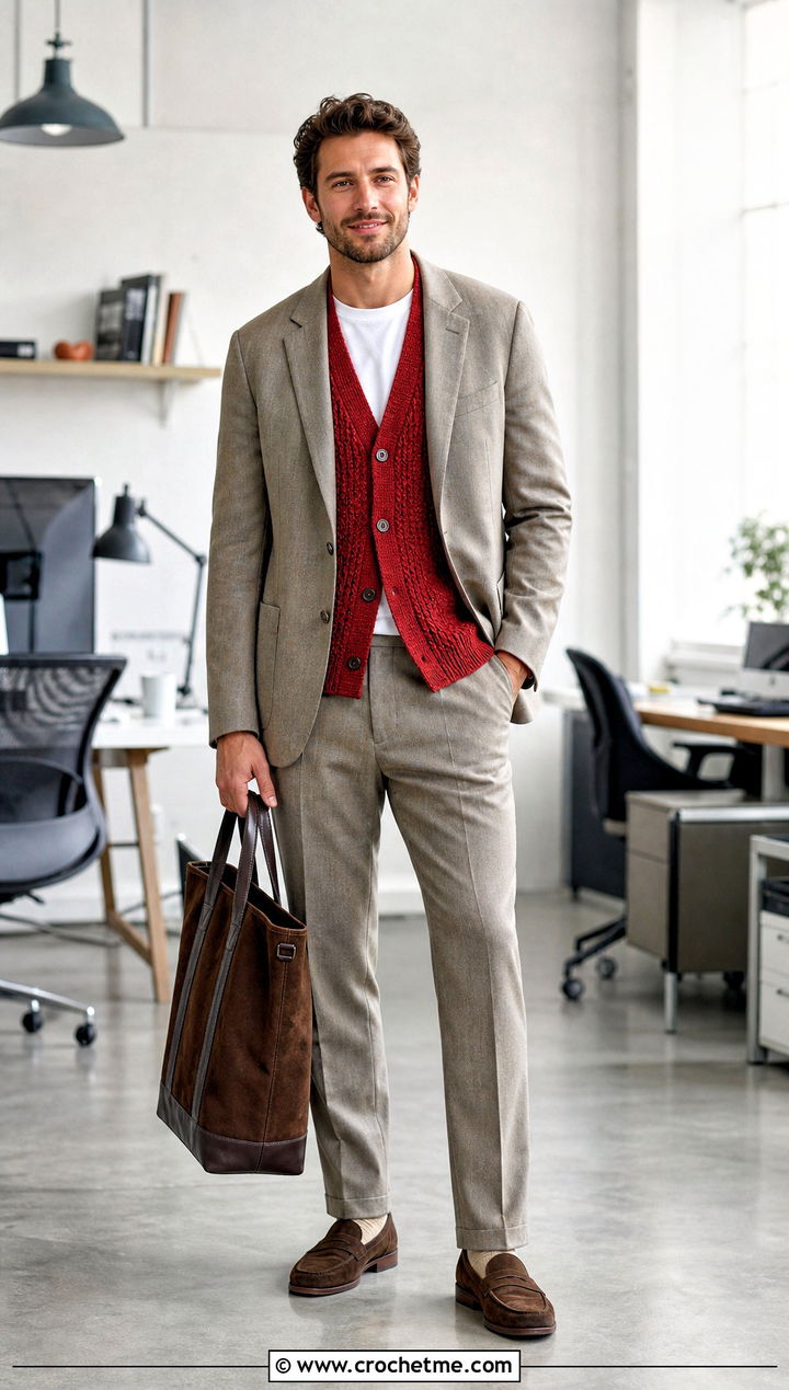 Button Front Crochet Cardigan With A Casual Suit - 35 mens crochet cardigan outfit ideas