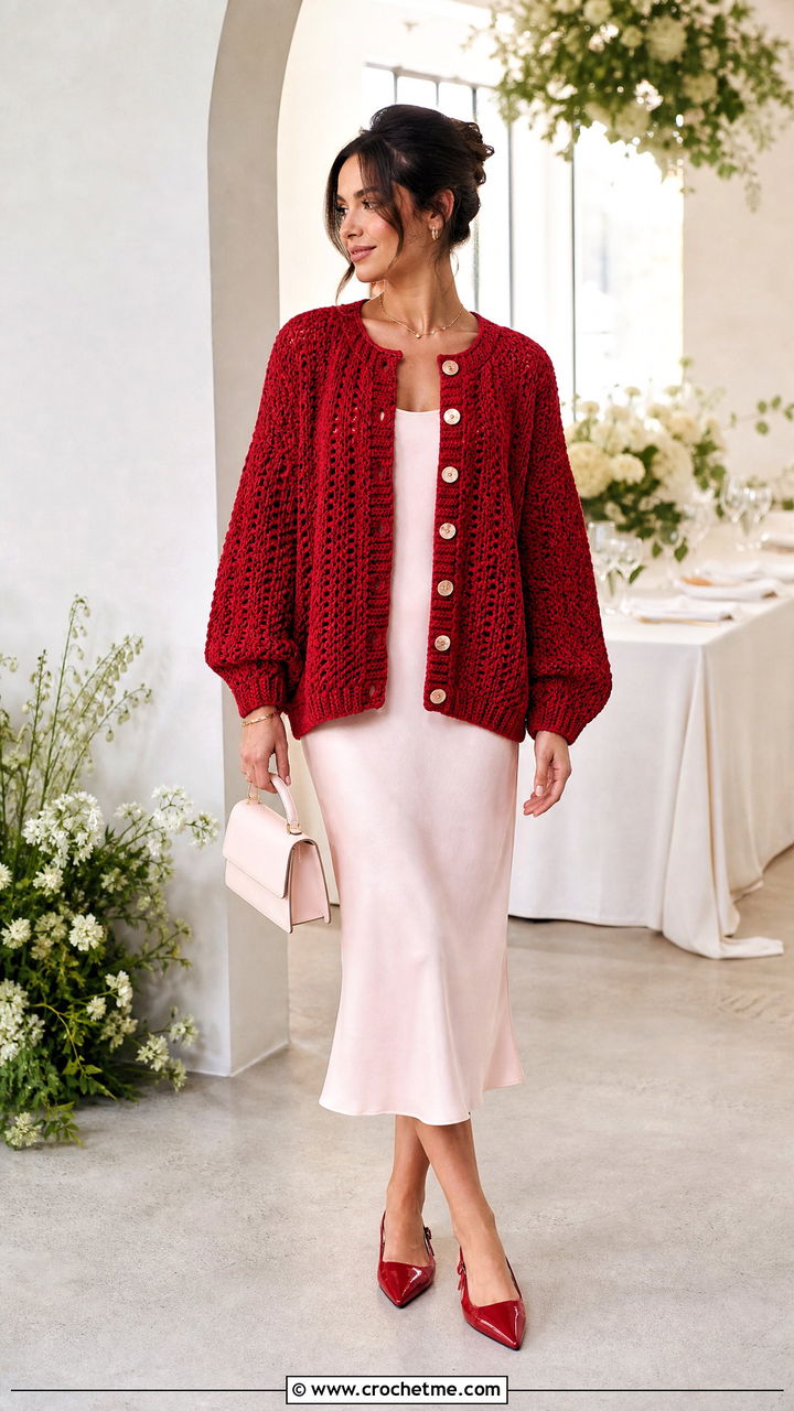 Button Front Crochet Cardigan With Bias Cut Dress - 35 oversized crochet cardigan outfit ideas