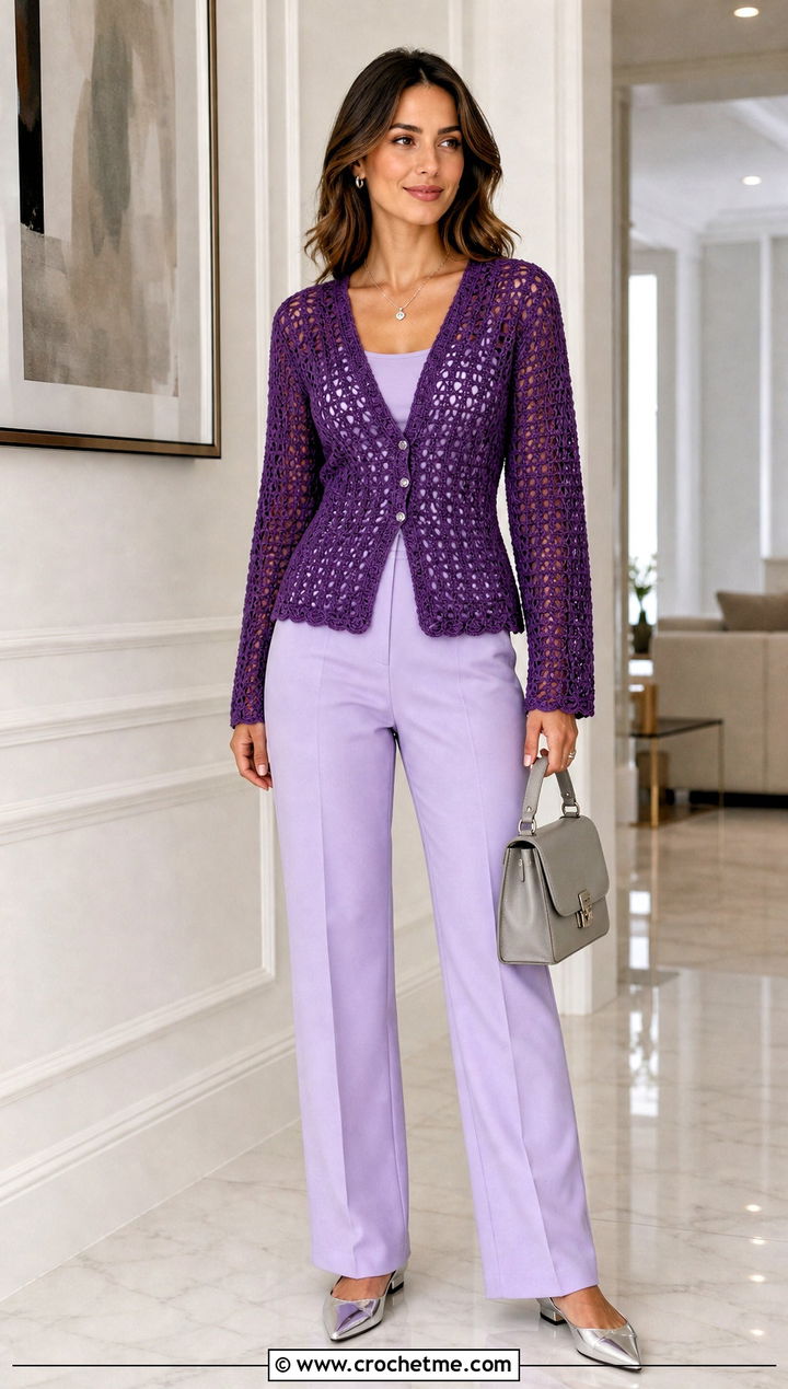 Button Front Crochet Cardigan With Matching Pants - 30 long crochet cardigan outfit ideas