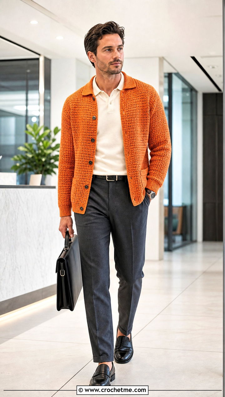 Button Front Crochet Cardigan With Polo and Tailored Pants - 20 men's crochet cardigan outfit ideas