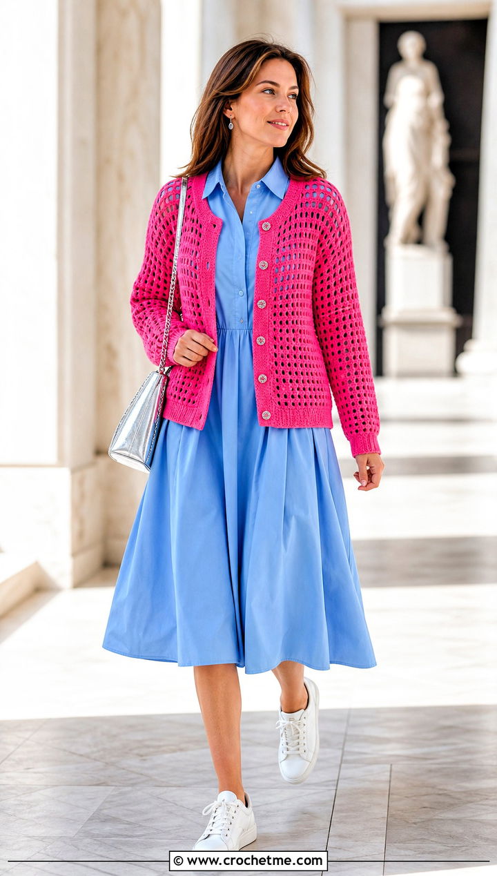 Button Front Crochet Cardigan With Poplin Midi Dress - 30 loose crochet cardigan outfit ideas